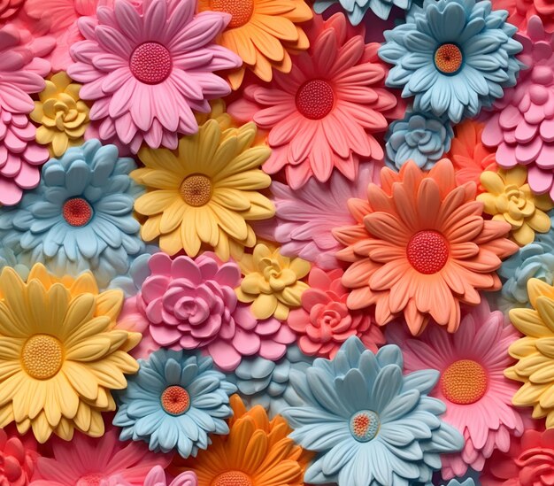 flores de cores brilhantes estão dispostas em um padrão em uma parede generativa ai