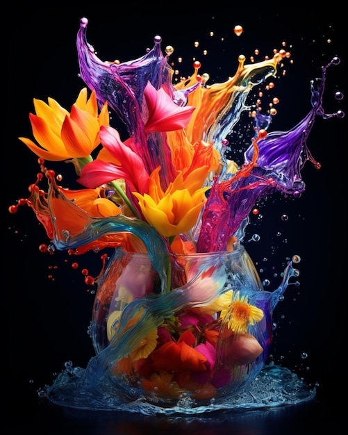 Flores de cores brilhantes estão em um vaso de vidro com água salpicando em torno dele
