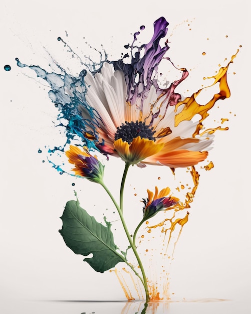Flores de cores em salpicos de aquarela colorida