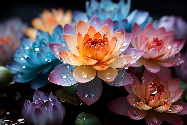 Flores de cores vivas com gotas de água sobre elas em uma lagoa generativa ai