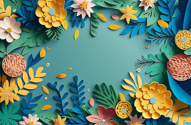 Flores de corte de papel coloridas com folhas verdes sobre fundo azul Ilustração Generative AI