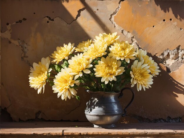 Flores de crisântemo de beleza atemporal em um jarro antigo