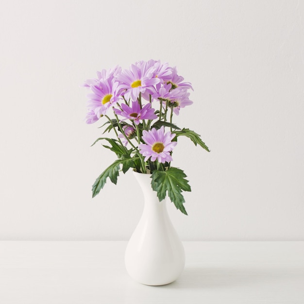 Flores de crisântemos em vaso de cerâmica no fundo branco