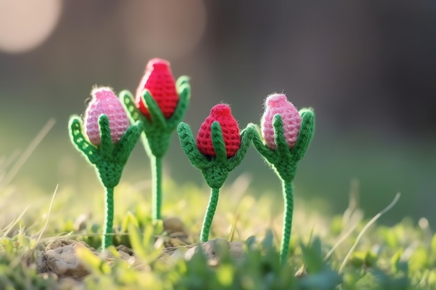 Flores de crochê em um campo com uma delas dizendo 'flores de crochê'