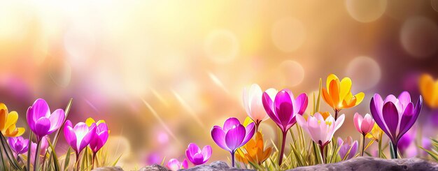 Foto flores de crocus em flor adornam a grama sob o caloroso abraço da luz solar na primavera