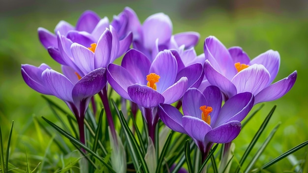 Flores de crocus roxas florescendo no jardim em um dia de primavera