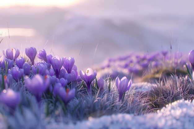 Flores de crocus roxas na primavera Foto de alta qualidade