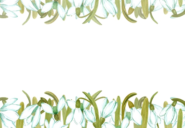 Flores de floco de neve em aquarela desenhadas à mão e folhas de fronteira de quadro em fundo branco pode ser usado para convite de cartão de saudação de banner de design de scrapbook têxtil