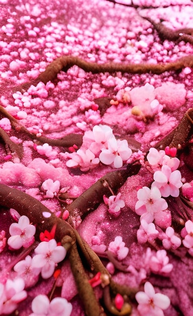 Flores de flor de cerejeira no chão com raízes de árvores