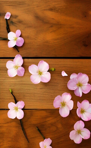 Flores de flor de cerejeira no chão de madeira
