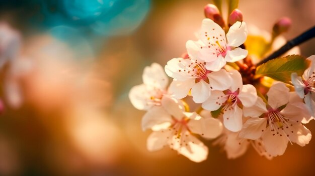 Flores de flor de cerejeira rosa florescendo na primavera, horário de Páscoa, contra um fundo de banner de jardim natural ensolarado e desfocado de bokeh azul amarelo e branco Generative AI