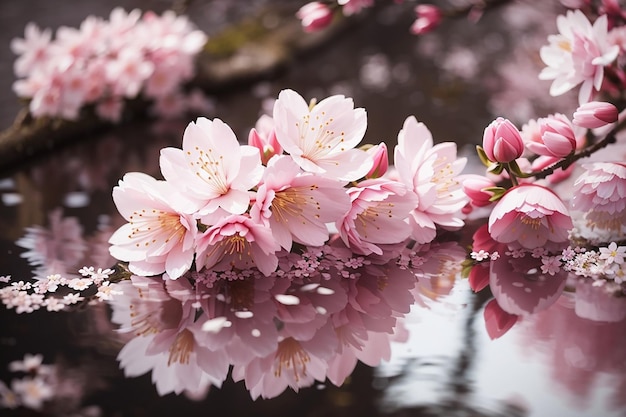 Flores de flores de sakura com tema de reflexão de primavera