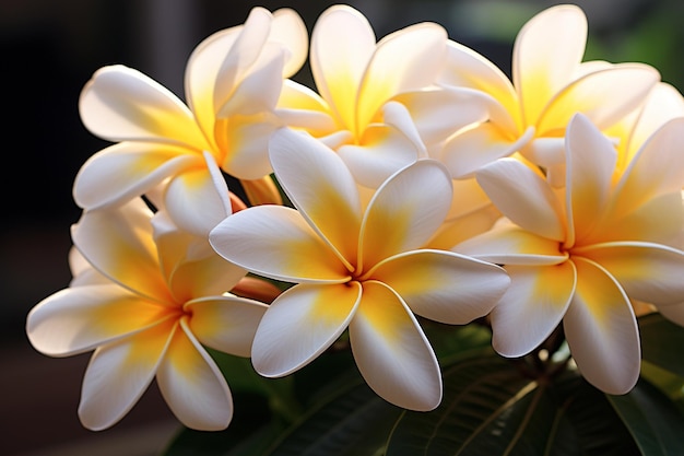 Foto flores de frangipani amarelo à luz do sol