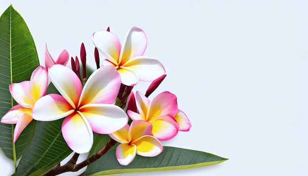 Flores de frangipani isoladas em fundo branco com espaço para cópia