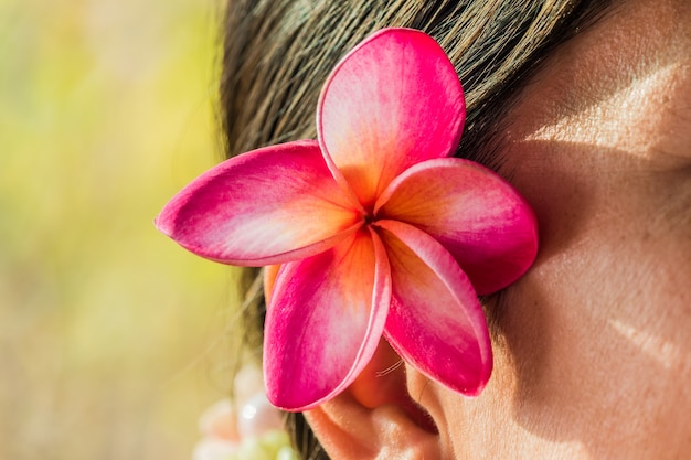 Foto flores de frangipani rosa mulheres de orelha de dobra.