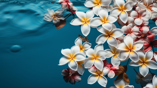 Flores de frangipani tropicais em um fundo de água azul