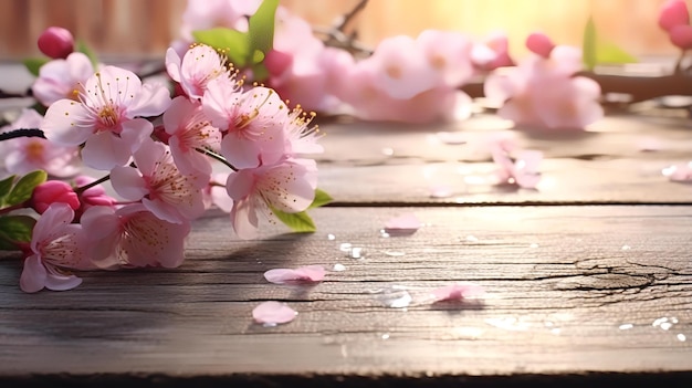 Flores de frutas de fundo de primavera em uma mesa de madeira