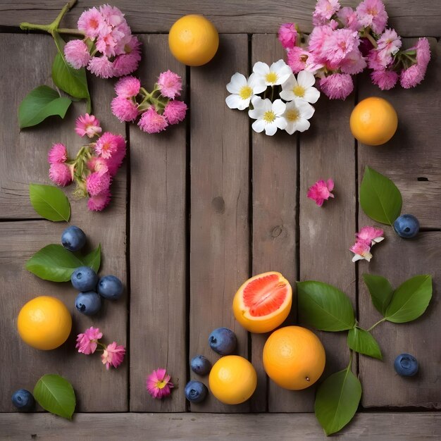 flores de frutas de fundo de verão em uma velha mesa de madeira