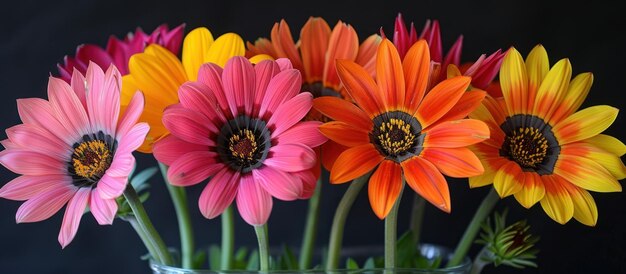 Flores de gazânia coloridas em vaso na mesa