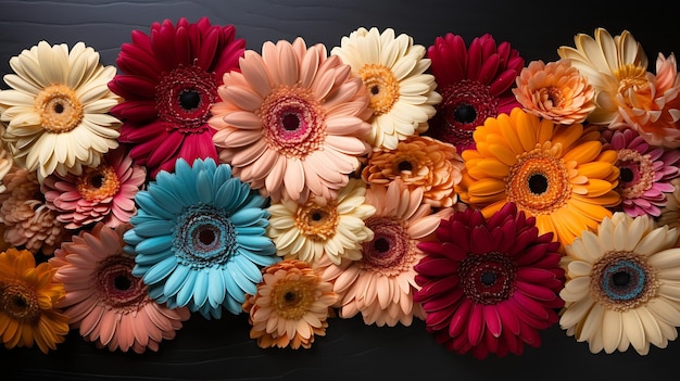 Flores de gerbera coloridas sobre fundo azul Vista superior plana com moldura para a sua IA generativa