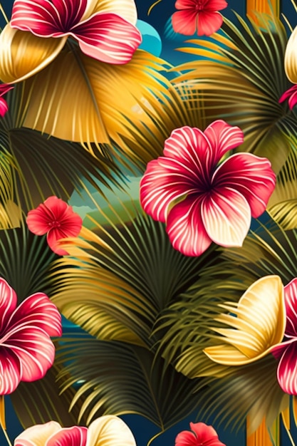 Flores de hibisco e padrão floral de folhas tropicais