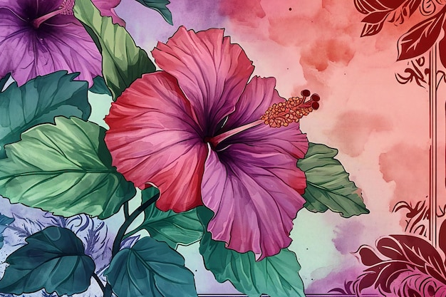 Foto flores de hibisco em fundo de aquarela ilustração desenhada à mão