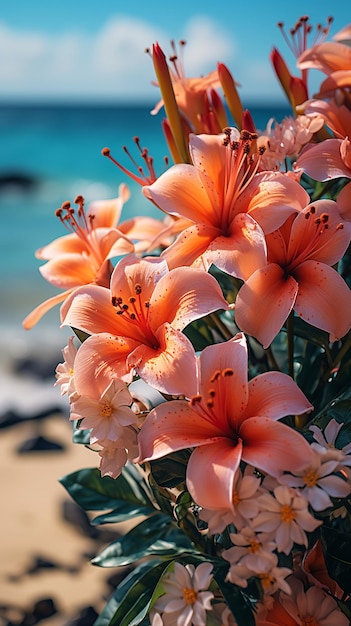 Foto flores de hibisco havaiano em uma palmeira contra o céu azul