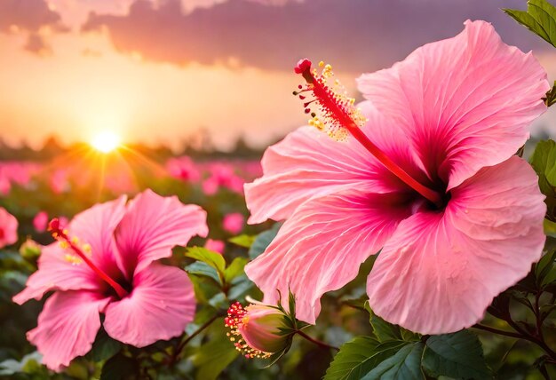 flores de hibisco rosa na frente de um pôr-do-sol