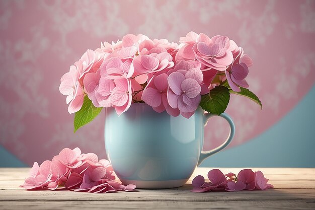 Foto flores de hortênsia rosa em uma caneca elegante em fundo vintage pastel com espaço de cópia