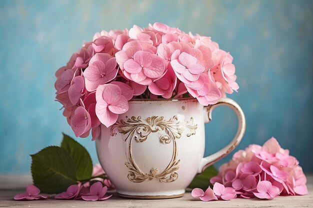 Foto flores de hortênsia rosa em uma caneca elegante em fundo vintage pastel com espaço de cópia