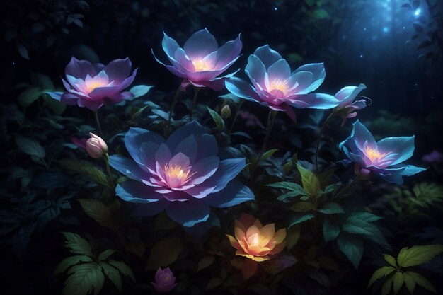 Flores de iluminação mágica na floresta