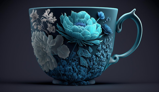 Flores de impressão azul de xícara de chá desenhando arte gerada por ai