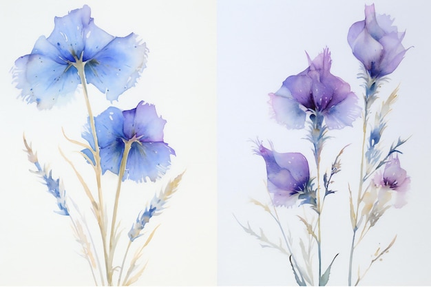 Flores de íris azuis isoladas em fundo branco Pintura a aquarela