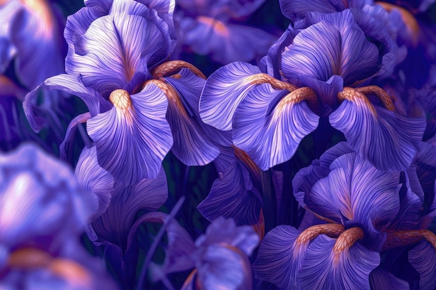 Flores de íris em violeta de perto
