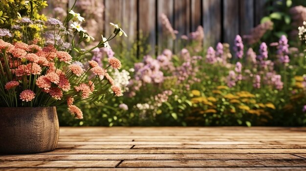 flores de jardim em mesa de madeira