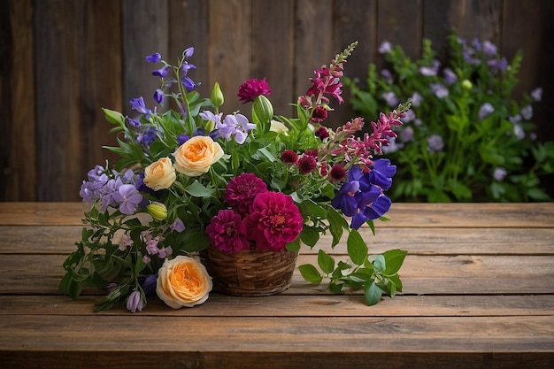 Flores de jardim numa mesa de madeira