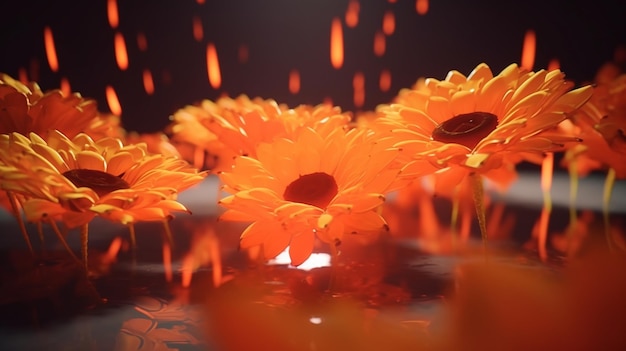 Flores de laranjeira em uma piscina de água com fogo ao fundo