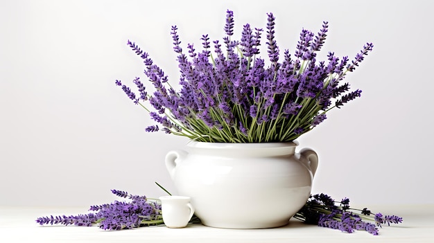 Flores de lavanda com vaso isolado em fundo branco