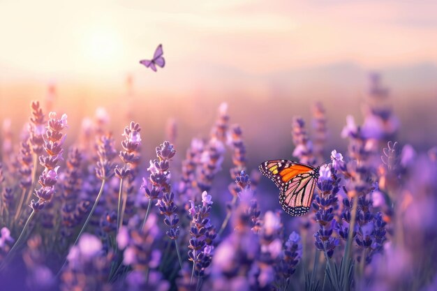 Flores de lavanda e borboleta na manhã de verão