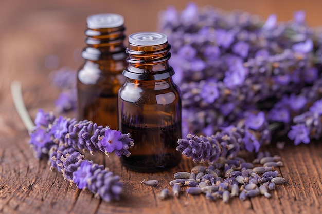 Foto flores de lavanda e óleo essencial