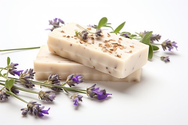 flores de lavanda e uma barra de sabão em uma superfície branca generativa ai