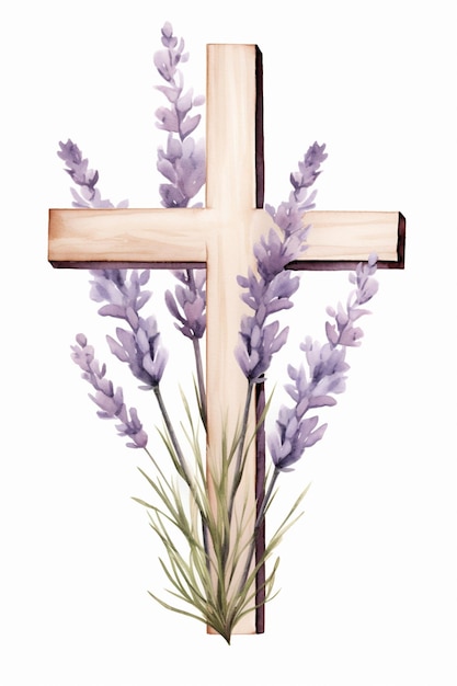 flores de lavanda e uma cruz de madeira em um fundo branco generativo ai