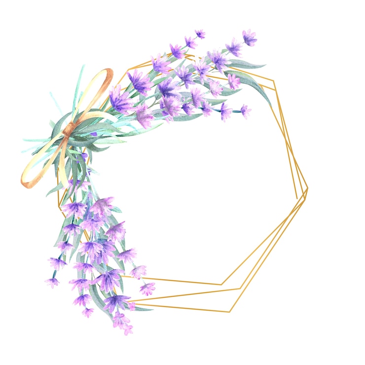 Foto flores de lavanda em aquarela em uma moldura de ouro poligonal.