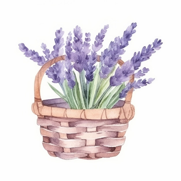 Flores de lavanda em aquarela na cesta Ilustração AI Generative