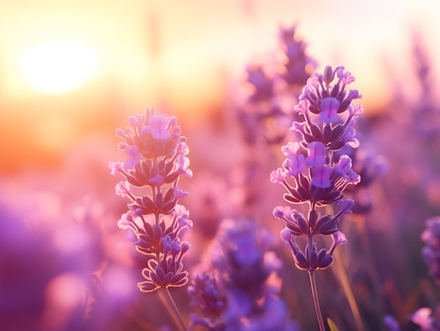 Flores de lavanda em plena floração a tomar sol no caloroso brilho do pôr-do-sol