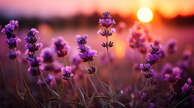 flores de lavanda em um pôr do sol