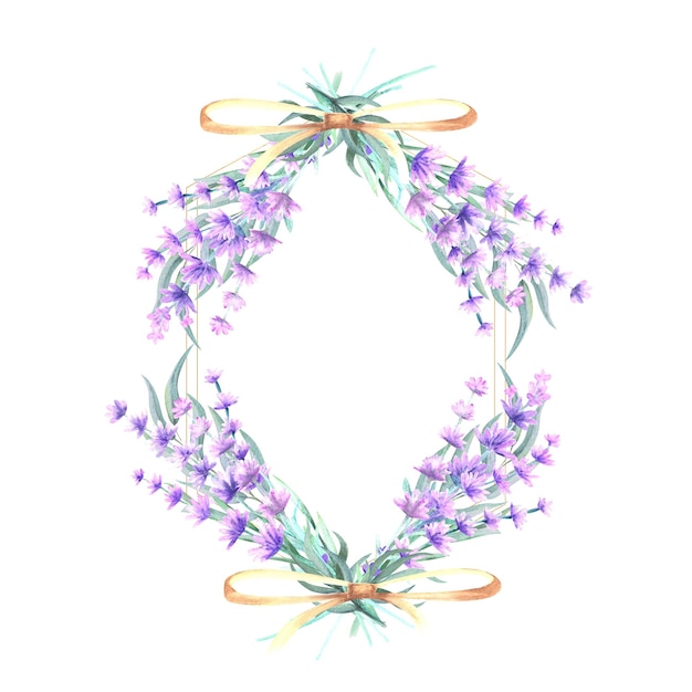 Flores de lavanda em uma ilustração de aquarela desenhada à mão de moldura de ouro em forma de diamante para convites gre