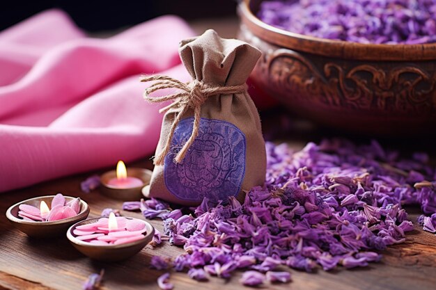 Foto flores de lavanda emoldurando um saco de potpourri