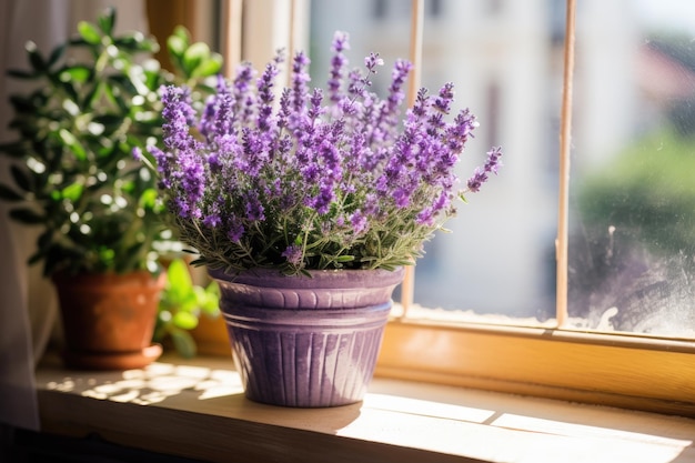 Flores de lavanda na janela em uma panela em casa