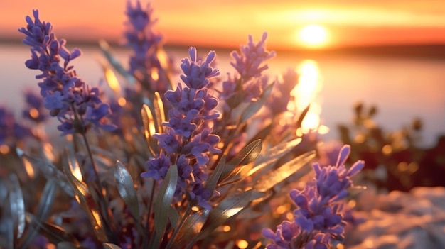 Flores de lavanda no sonhoso pôr-do-sol